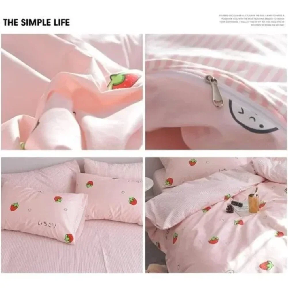 Duvet CoverSet Pure Cotton Cute Pink Anime Bedding Set 3 PCS with Zipper Closure